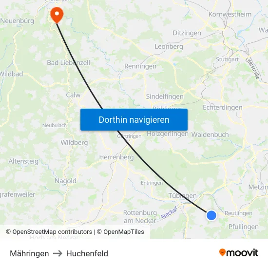 Mähringen to Huchenfeld map