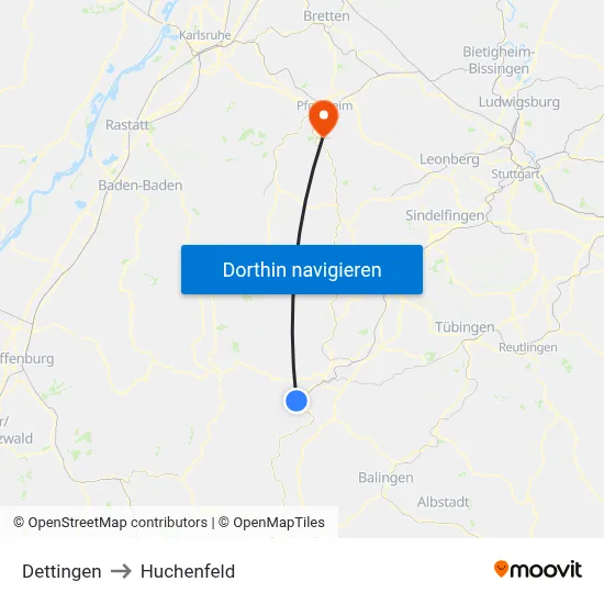 Dettingen to Huchenfeld map