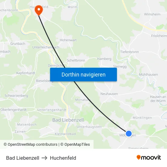 Bad Liebenzell to Huchenfeld map