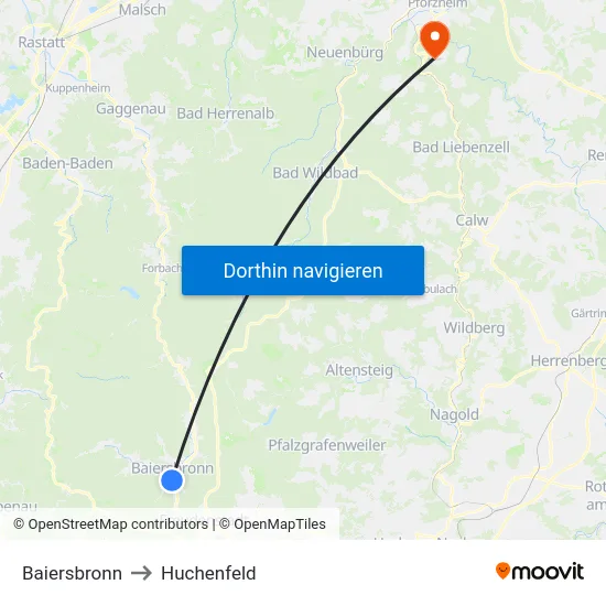 Baiersbronn to Huchenfeld map