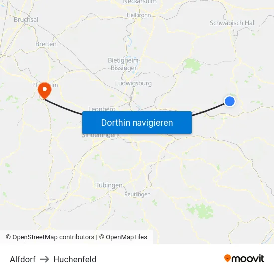 Alfdorf to Huchenfeld map