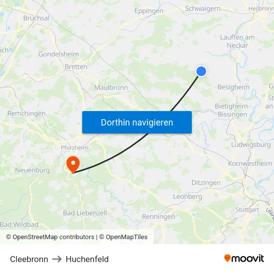 Cleebronn to Huchenfeld map