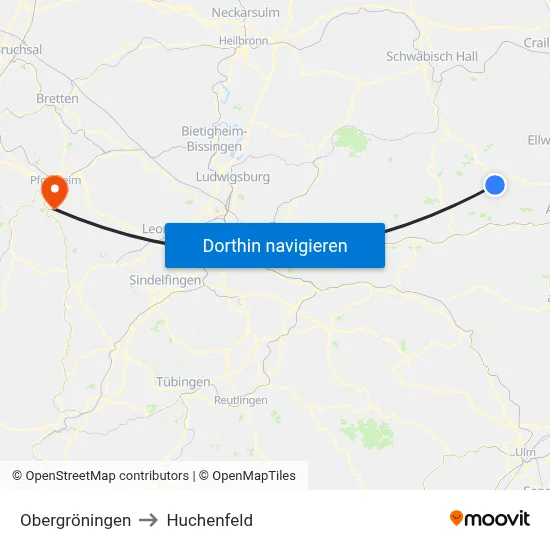 Obergröningen to Huchenfeld map