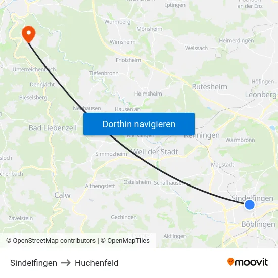 Sindelfingen to Huchenfeld map