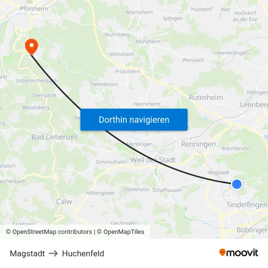 Magstadt to Huchenfeld map