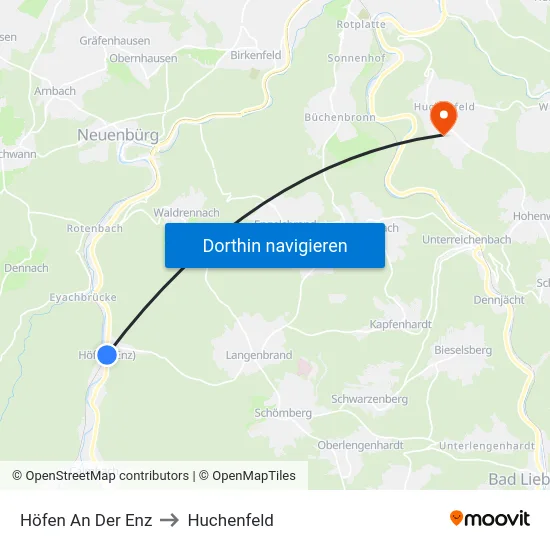 Höfen An Der Enz to Huchenfeld map