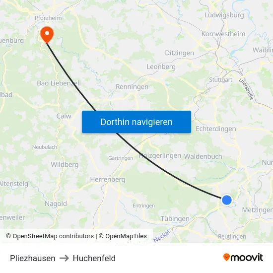 Pliezhausen to Huchenfeld map