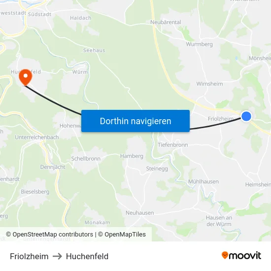 Friolzheim to Huchenfeld map