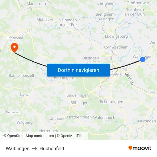 Waiblingen to Huchenfeld map