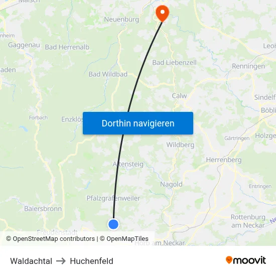 Waldachtal to Huchenfeld map