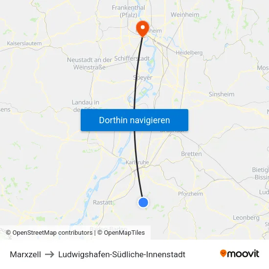 Marxzell to Ludwigshafen-Südliche-Innenstadt map