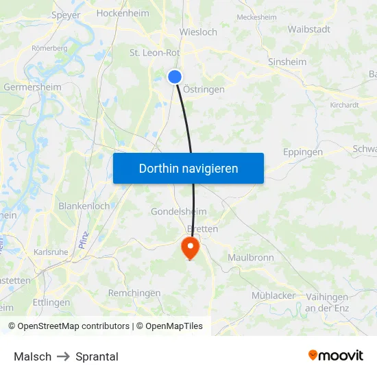 Malsch to Sprantal map