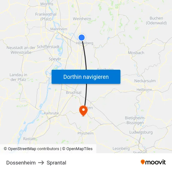 Dossenheim to Sprantal map