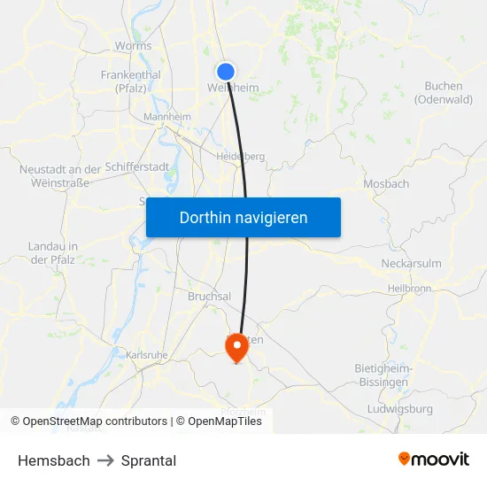 Hemsbach to Sprantal map