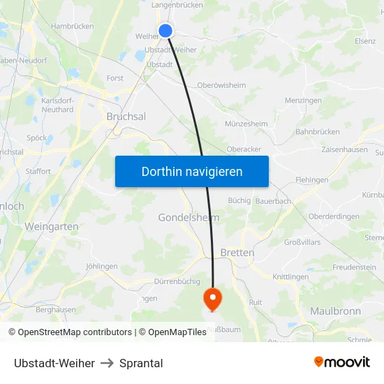 Ubstadt-Weiher to Sprantal map