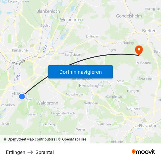 Ettlingen to Sprantal map