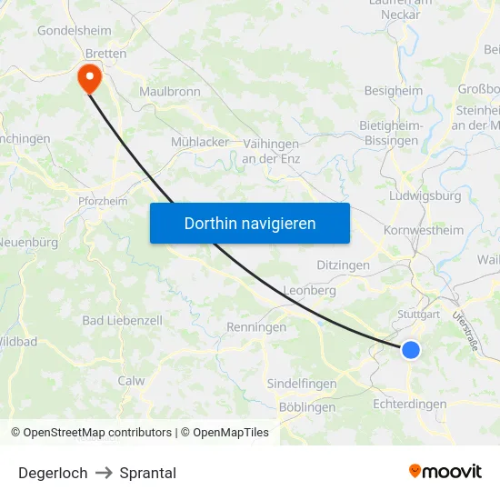 Degerloch to Sprantal map