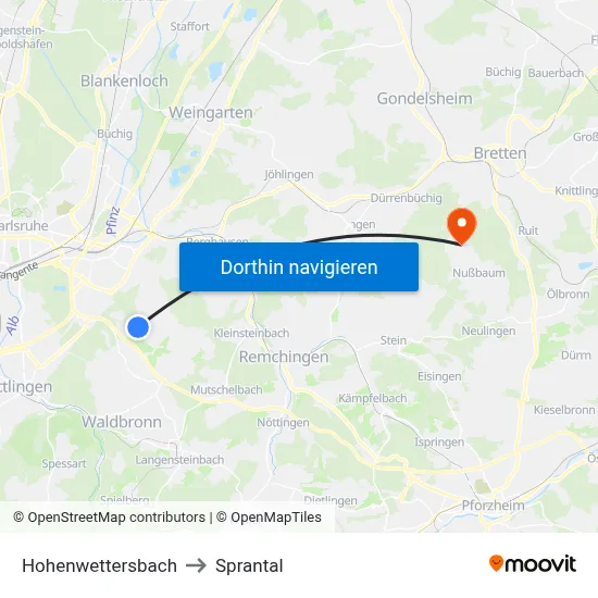 Hohenwettersbach to Sprantal map