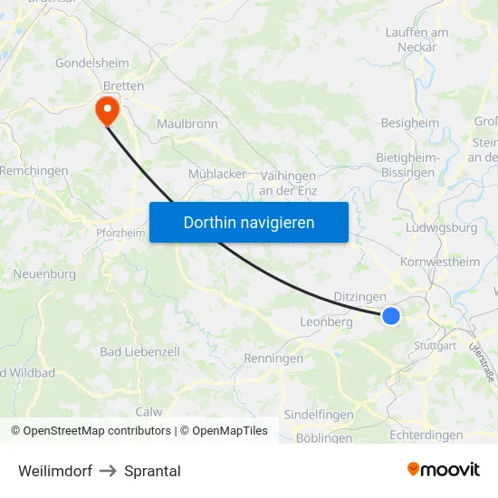 Weilimdorf to Sprantal map