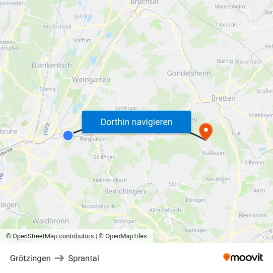 Grötzingen to Sprantal map