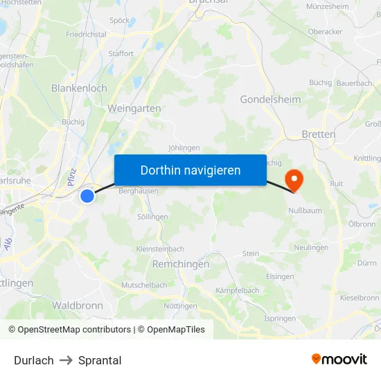 Durlach to Sprantal map