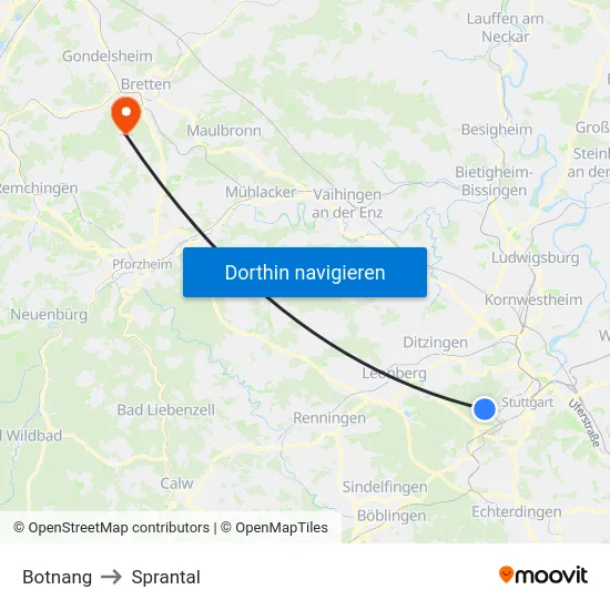 Botnang to Sprantal map