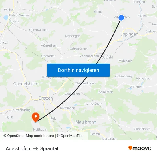 Adelshofen to Sprantal map