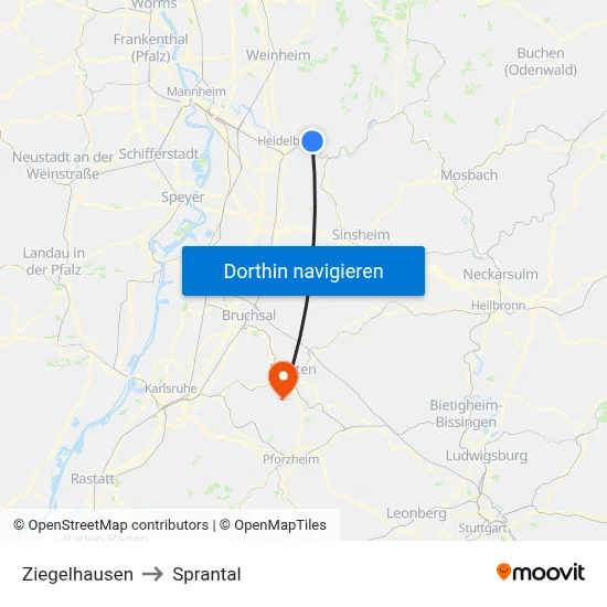 Ziegelhausen to Sprantal map