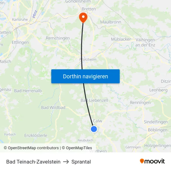 Bad Teinach-Zavelstein to Sprantal map
