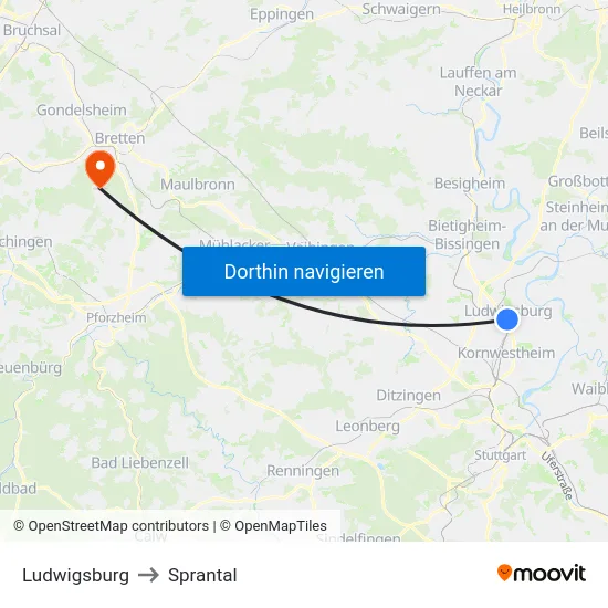 Ludwigsburg to Sprantal map