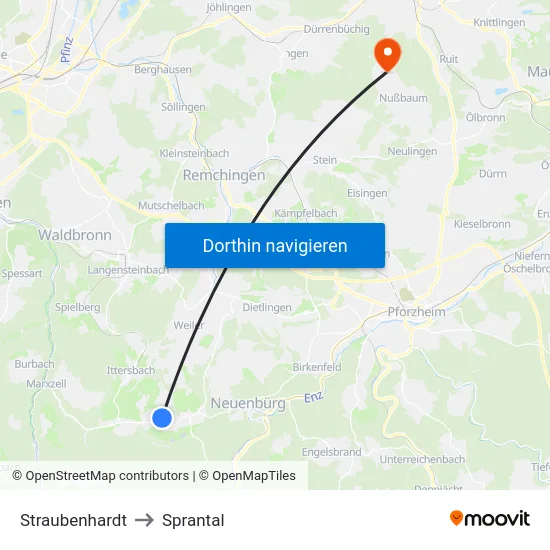 Straubenhardt to Sprantal map