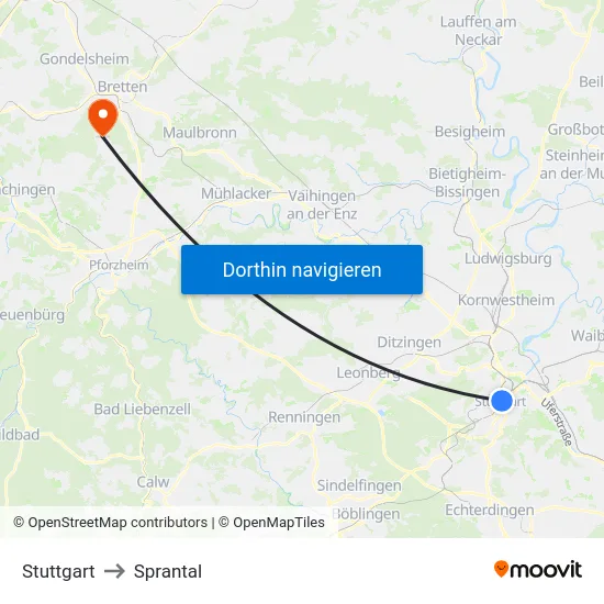 Stuttgart to Sprantal map
