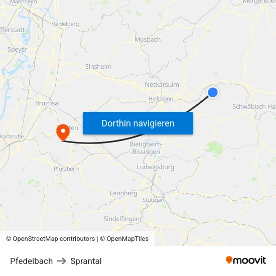 Pfedelbach to Sprantal map