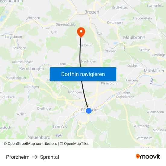 Pforzheim to Sprantal map