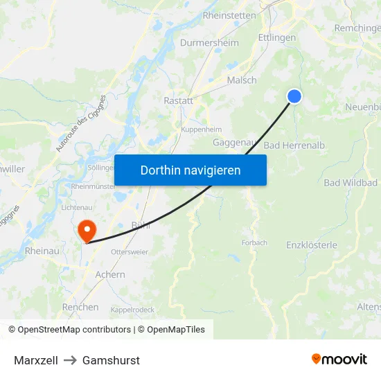 Marxzell to Gamshurst map