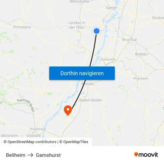 Bellheim to Gamshurst map