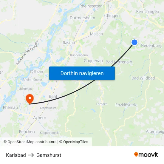 Karlsbad to Gamshurst map