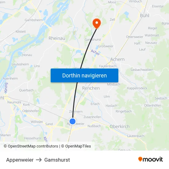 Appenweier to Gamshurst map
