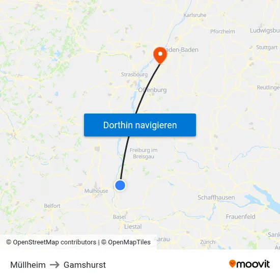 Müllheim to Gamshurst map