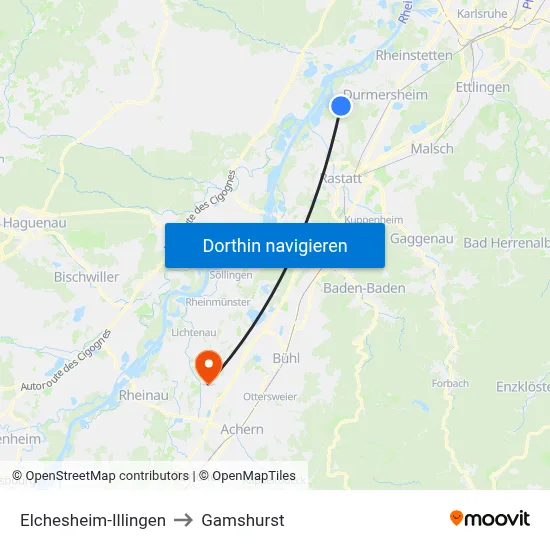Elchesheim-Illingen to Gamshurst map