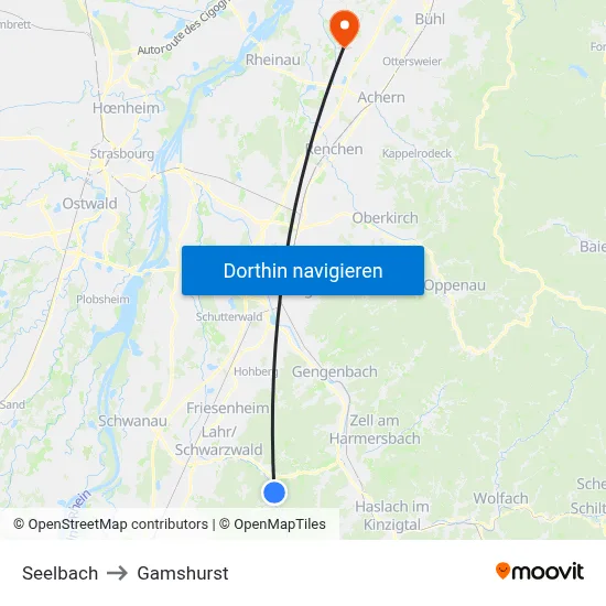 Seelbach to Gamshurst map