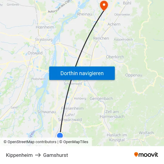 Kippenheim to Gamshurst map