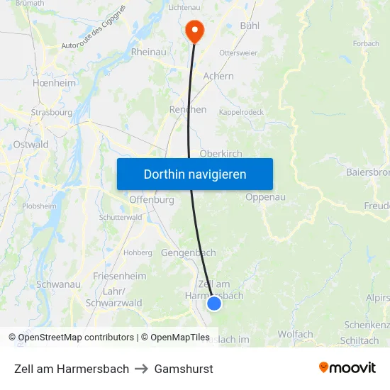 Zell am Harmersbach to Gamshurst map