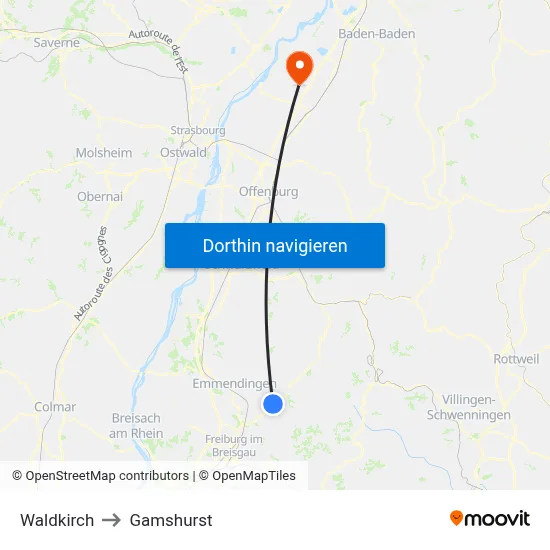 Waldkirch to Gamshurst map