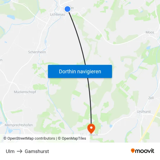 Ulm to Gamshurst map