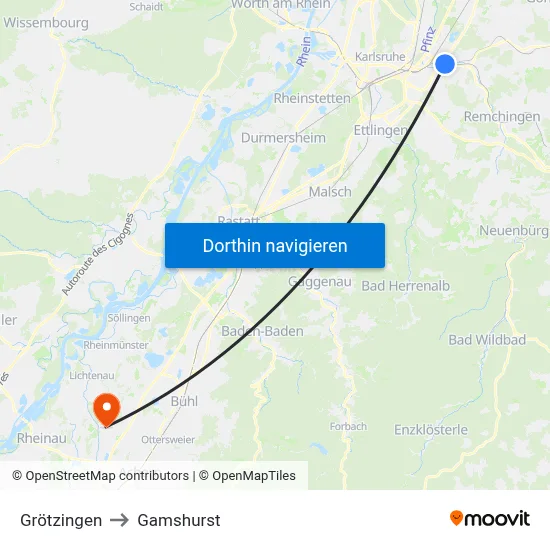 Grötzingen to Gamshurst map