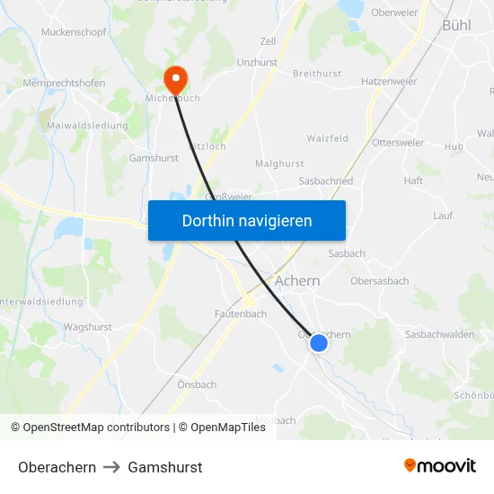 Oberachern to Gamshurst map