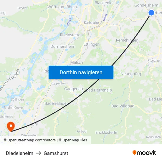 Diedelsheim to Gamshurst map