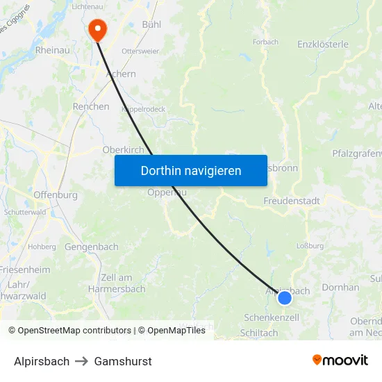 Alpirsbach to Gamshurst map
