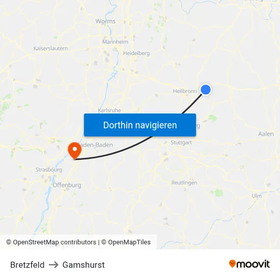 Bretzfeld to Gamshurst map